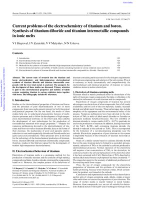 Shapoval V.I., Zarutskii I.V., Malyshev V.V., Uskova N.N. Current problems of the electrochemistry of titanium and boron. Synthesis of titanium diboride and titanium intermetallic compounds in ionic melts