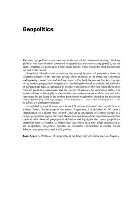 Agnew, John. Geopolitics: Re-visioning World Politics. 2 edition