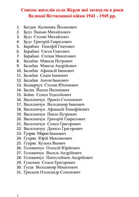Список жителів села Жердя які загинули в роки Великої Вітчизняної війни 1941 - 1945 рр