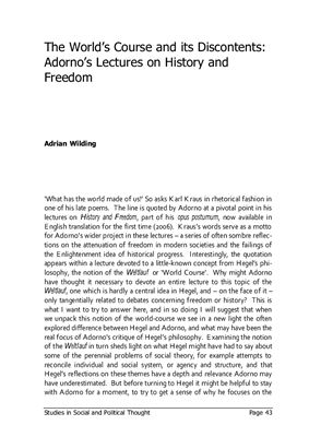 Wilding Adrian. The World’s Course and its Discontents: Adorno’s Lectures on History and Freedom