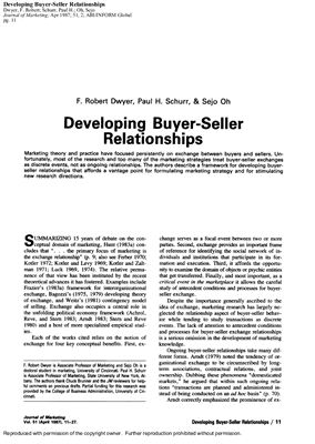 Dwyer F., Schurr P. Developing buyer-selling relationships