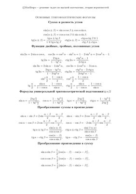 Шпаргалка - Основные тригонометрические формулы