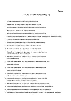 Тарасов Б.Н. Список тем ВКР для студентов ПИЭ