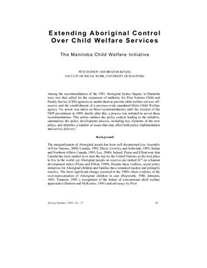 Hudson P., McKenzie B. Extending Aboriginal Control Over Child Welfare Services. The Manitoba Child Welfare Initiative