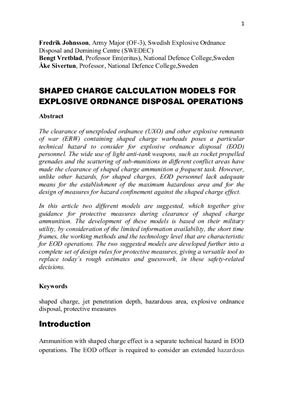 Johnsson F., Vretblad B., Sivertun Å., Shaped charge calculation models for explosive ordnance disposal operations. Модели кумулятивного заряда для операций обезвреживания неразорвавшихся боеприпасов