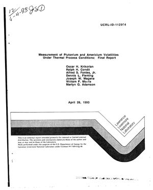 Krikorian Oscar H. et. al. Measurement of Plutonium and Americium Volatilities Under Thermal Process Conditions: Final Report April 28, 1993