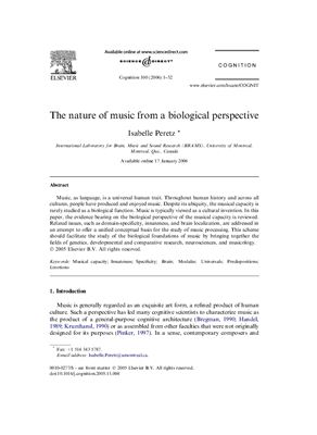 Peretz Isabelle. The nature of music from a biological perspective. Исследование музыки с точки зрения биологии