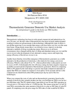 Thermoelectric Generator Domestic Use Market Analysis. An entrepreneur's guide to the home use TEG market