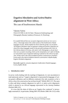 Vydrin Valentin. Ergative/Absolutive and Active/Stative alignment in West Africa: The case of Southwestern Mande