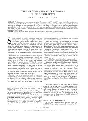 Eisenhauer D.E., Fekersillassie D., Boldt A. Feedback-controlled Surge Irrigation: III. Field Experiments