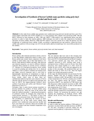 Fathi A., Ehsani N., Rashidzadeh M., Baharvandi H., Rahimnejad A. Investigation of synthesis of boron carbide nano particles using polyvinyl alcohol