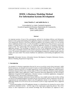 Montilva Jonas, Barrios Judith. BMM: a business modelling method for information systems development