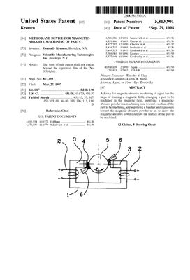 Патент на изобретение US 5813901 B2. Method and device for magnetic-abrasive machining of parts