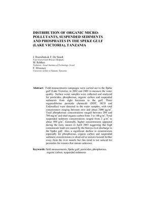 Rwetabula J., De Smedt F., Rebhun M., Mwanuzi F. Distribution of organic micro-pollutants, suspended sediments and phosphates in the Speke Gulf (lake Victoria), Tanzania