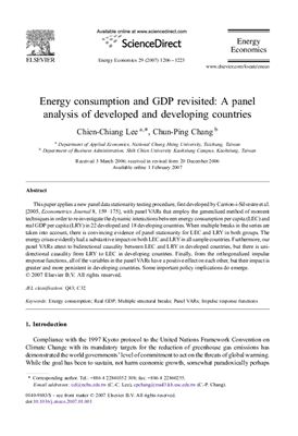 Lee C.C., Chang C.P. Energy consumption and GDP revisited: A panel analysis of developed and developing countries (Потребление энергии и пересмотренный ВВП): Панельный анализ развитых и развивающих стран)