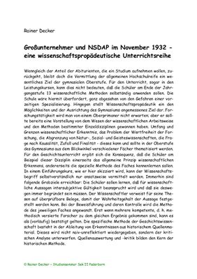 Decker R. Großunternehmer und NSDAP im November 1932 - eine wissenschaftspropädeutische Unterrichtsreihe