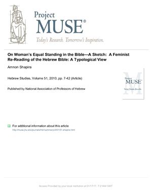 Amnon Shapira-On Woman’s Equal Standing in the Bible-A Sketch: A Feminist Re-Reading of the Hebrew Bible: A Typological View