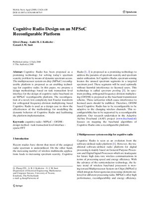 Zhang Q., Kokkeler A.B.J., Smit G.J.M. Cognitive Radio Design on an MPSoC Reconfigurable Platform