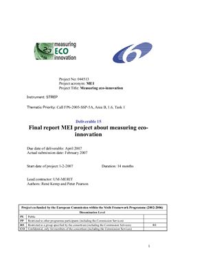 Kemp Ren?, Pearson Peter. Final report MEI project about measuring ecoinnovation