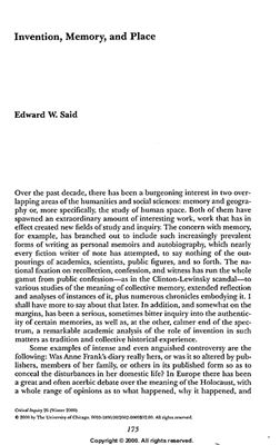 Said Edward W. Invention, Memory, and Place