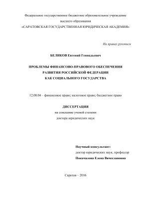 Беликов Е.Г. Проблемы финансово-правового обеспечения развития Российской Федерации как социального государства