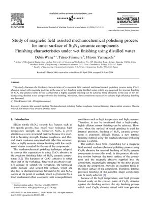 Wang D., Shinmura T., Yamaguchi H. Study of magnetic field assisted mechanochemical polishing process for inner surface of Si3N4 ceramic components. Finishing characteristics under wet finishing using distilled water