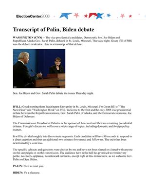 Transcript of Palin, Biden debate
