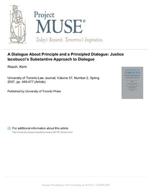 Roach K. A Dialogue About Principle and a Principled Dialogue: Justice Iacobucci’s Substantive Approach to Dialogue