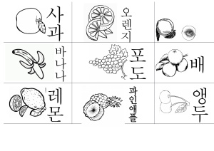 Карточки с корейскими словами (Фрукты-овощи). Цветные и черно-белые