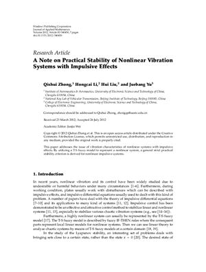 Qishui Zhong, Hongcai Li, Hui Liu, Juebang Yu. A Note on Practical Stability of Nonlinear Vibration Systems with Impulsive Effects