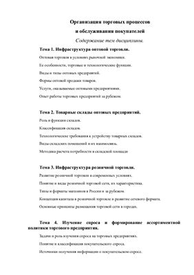 Содержание тем дисциплины - Организация торговых процессов и обслуживания покупателей