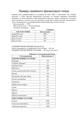 Пример семейного финансового плана