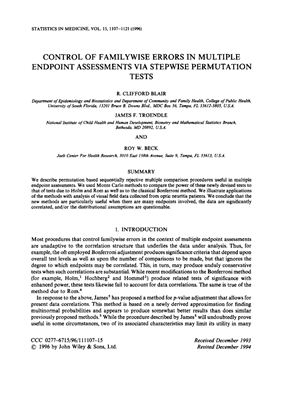 Blair R.C., Troendle J.F., Beck R.W. Control of Familywise Errors in Multiple Endpoint Assessments via Stepwise Permutation Tests