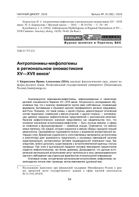 Кюршунова И.А. Антропонимы-мифологемы в региональном ономастиконе XV-XVII веков