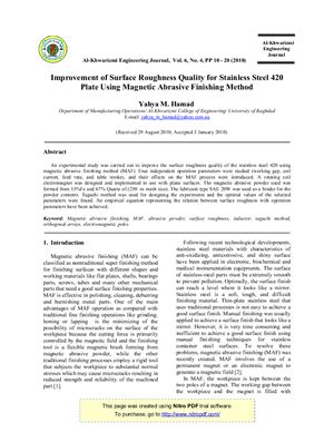 Hamad Y.M. Improvement of surface roughness quality for stainless steel 420 plate using magnetic abrasive finishing method