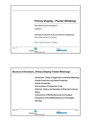 Klocke E. Primary Shaping - Powder Metallurgy. Manufacturing Technology II
