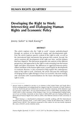 Sarkin Jeremy, Koenig Mark. Developing the Right to Work: Intersecting and Dialoguing Human Rights and Economic Policy