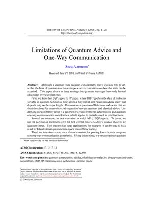 Aaronson Scott. Limitations of Quantum Advice and One-Way Communication