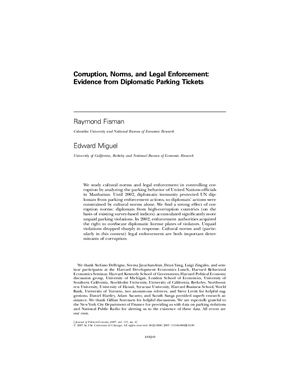 Miguel E. and Fisman R. Corruption, Norms, and Legal Enforcement: Evidence from Diplomatic Parking Tickets