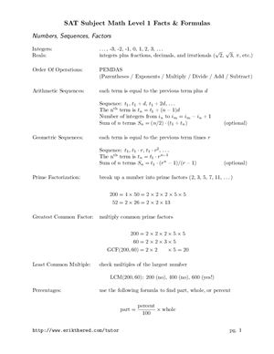 SAT Subject Math. Level 1. Facts &amp; Formulas
