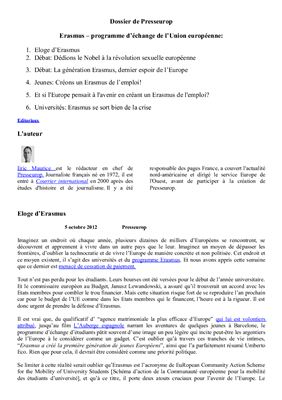 Erasmus - programme d’échange de l’Union européenne - Статьи для реферирования. Уровень - III-V курсы факультетов иностранных языков