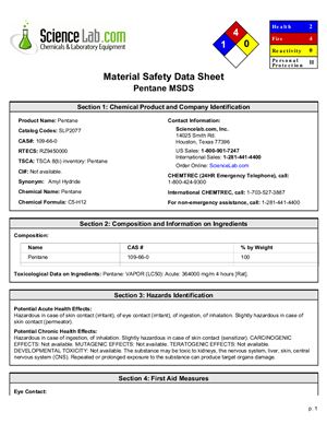 Material Safety Data Sheet for Pentane - Паспорт безопасности пентана