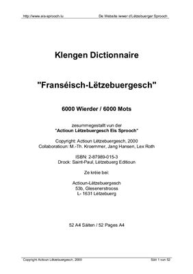 Kroemmer M.-Th., Hansen J., Roth L. Klengen Dictionnaire Franséisch-Lëtzebuergesch 6000 Wieder / 6000 Mots