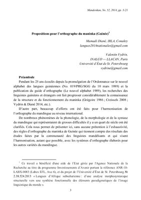 Diané Mamadi, Vydrin Valentin. Propositions pour l’orthographe du maninka (Guinée)