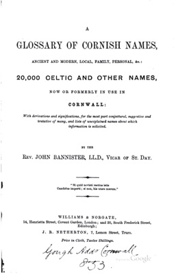 Bannister J. A Glossary of Cornish Names