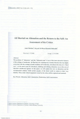 Roshan A. Hosseini Beheshti S.A.-R. Ali Shariati on Alienation and the Return to the Self: An Assessment of his Critics