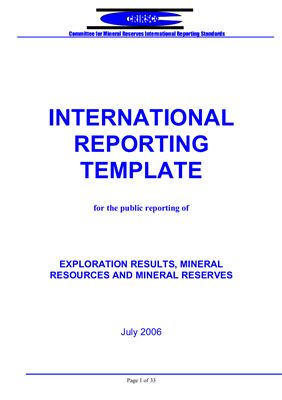 International reporting template for the public reporting of exploration results, mineral resources and mineral reserves