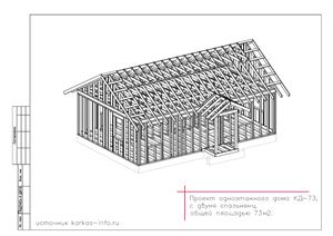 Проект 1-х этажного каркасного дома с двумя спальнями КД-73