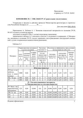 Изменение 1 к СНБ 2.04.01-97 Строительная теплотехника